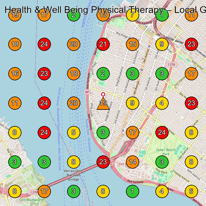 Health & Well Being Physical Therapy Pilates Studio GeoGrid ranking map for Brooklyn NY